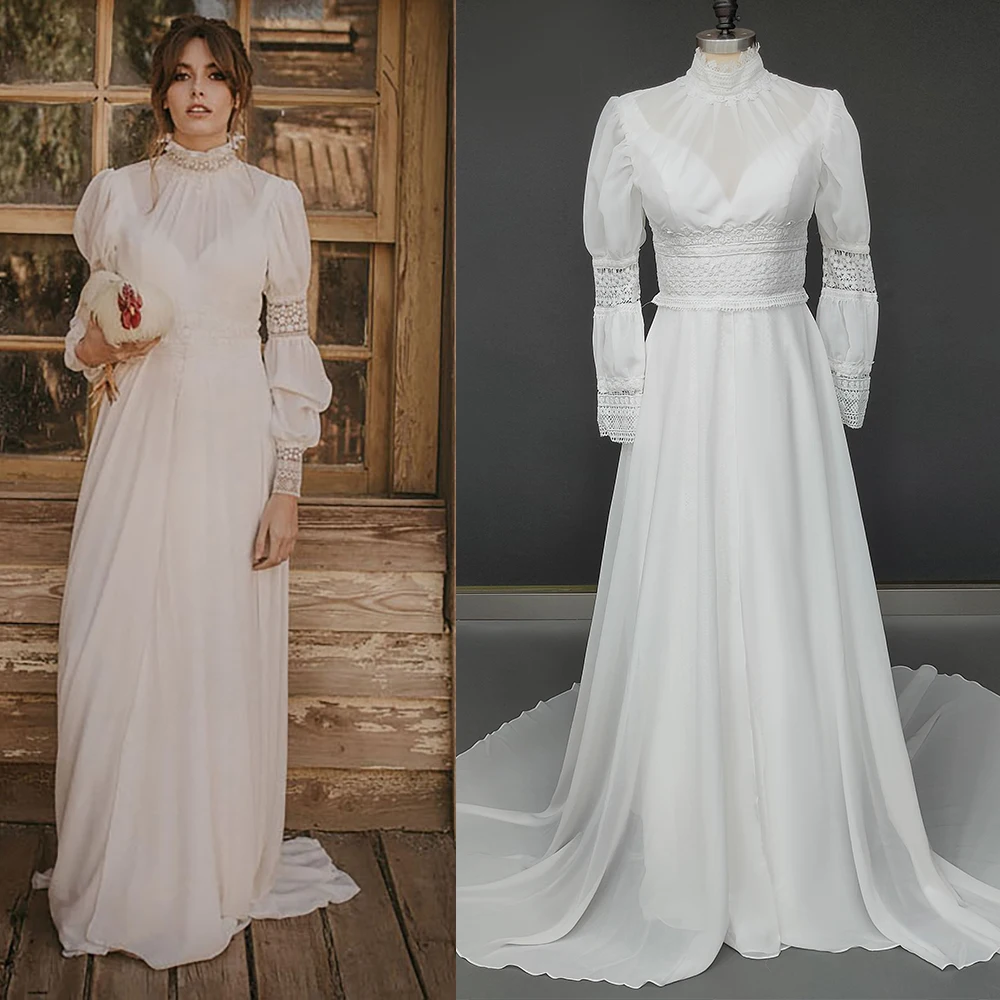 Medieval Viktorianischen High Neck Chiffon Hochzeit Kleid EINE Linie Langen Ärmeln Keyhole Zurück Plissee Ausschnitt Spitze 1920s Retro Braut kleid