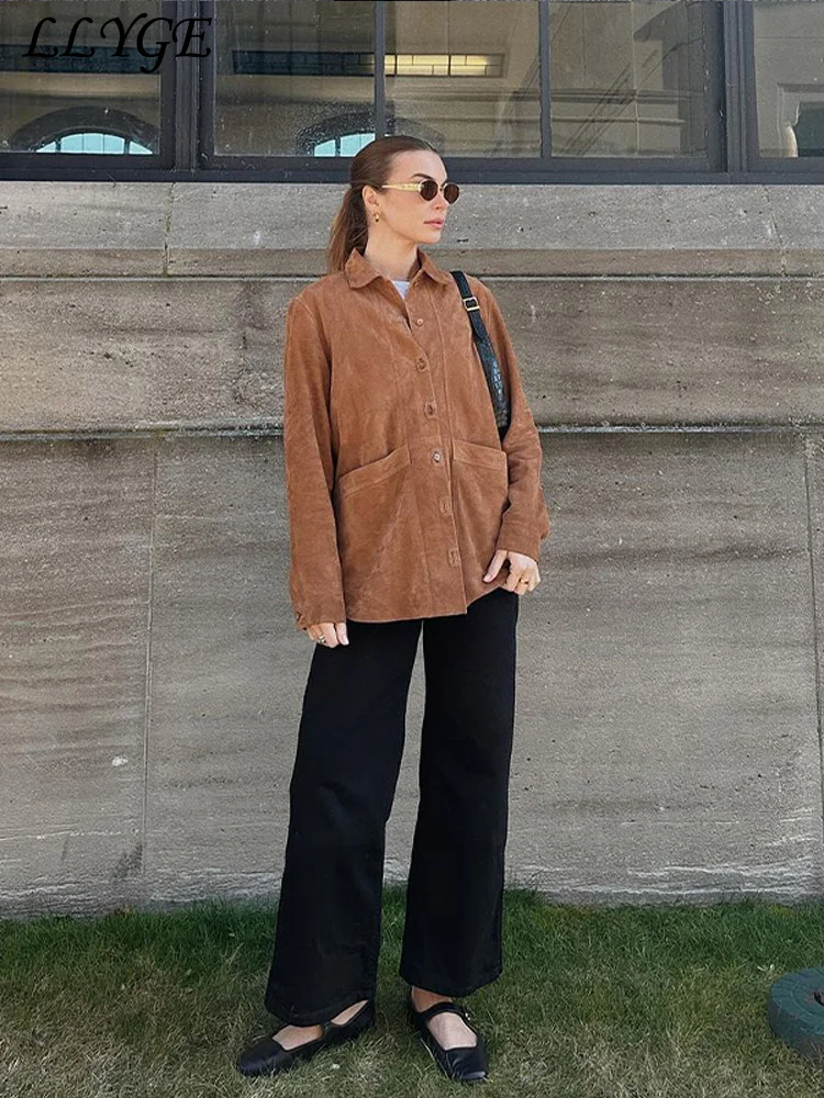 Casual Suede Long Coats Women Loose Lapel Single Breasted Full Sleeve Pocket Female Jackets 2024 Autumn Lady Vintage Outwears