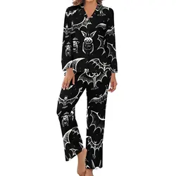 Bat Sketches Pajamas Halloween Print Leisure V Neck Sleepwear Women 2 Pieces Design Long Sleeve Kawaii Pajama Sets