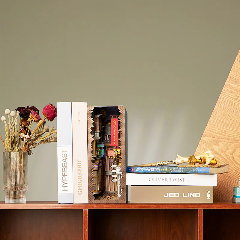 DIY Holz Buch Nook Diagon Alley Buchstütze Bücherregal Bücherregal Baustein Montieren Spielzeug für Kinder Erwachsene Geburtstag Geschenk Casa