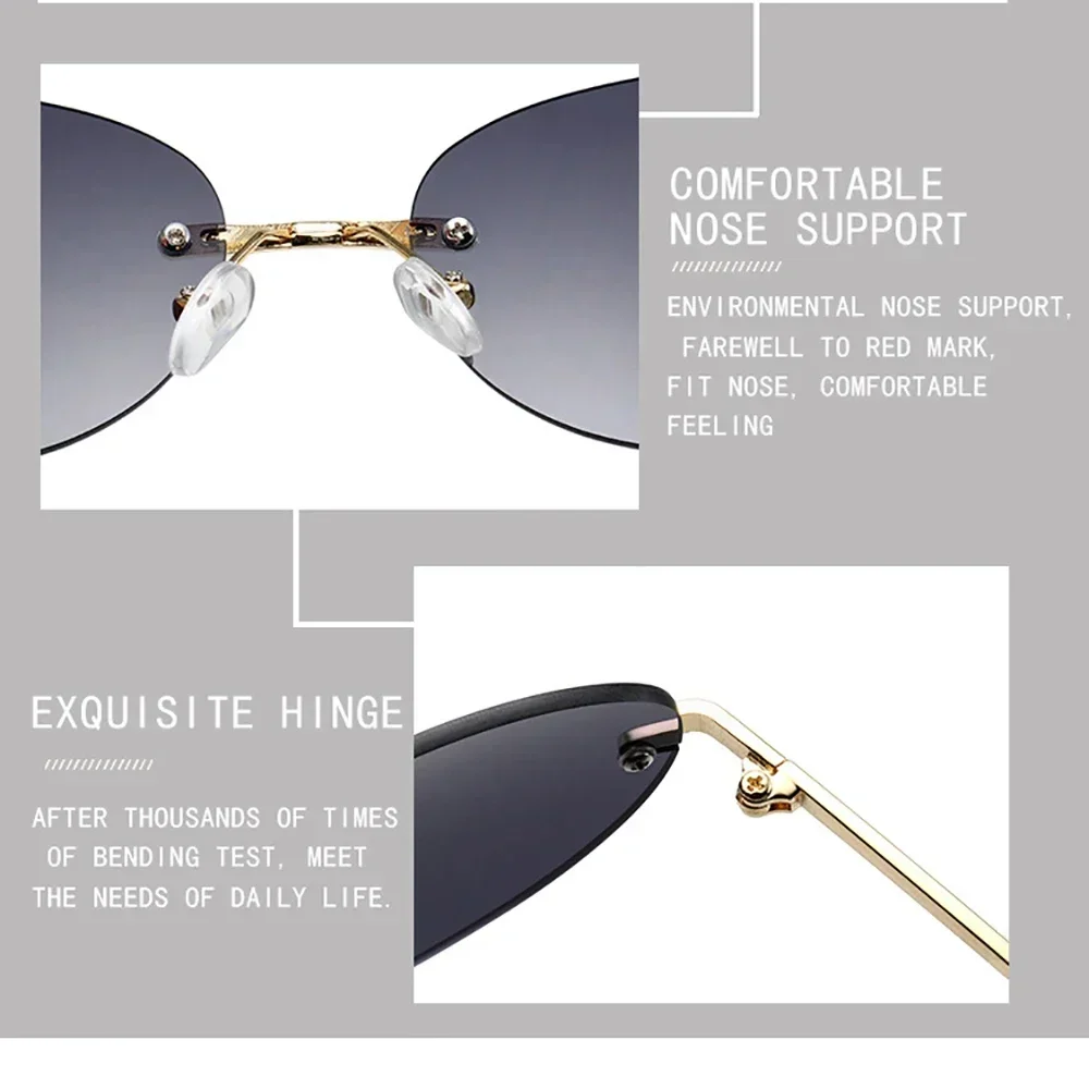 Neue Retro Modische Rahmenlose Cat Eye Luxuriöse Hochtemperament Sonnenbrille Neutral Outdoor Reise UV400 Beständig Sonnenbrille – Detail 12