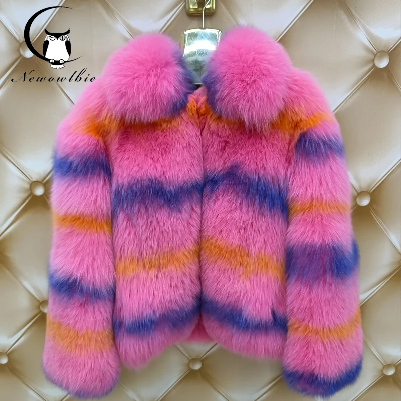 Winter Contrast True Fur Coat Women's Luxury Natural Fox Fur Coat Fur Collar Fashion Fluffy Warm Winter Jacket Size Customizable