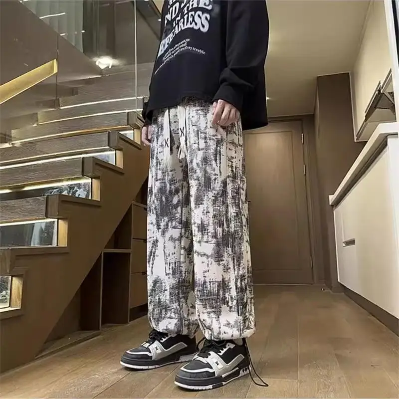 White Watercolor Tie Dye Men's Spring Autumn Sports Sweatpants Casual High Street All Match Long Pants Loose Fit Low Waist