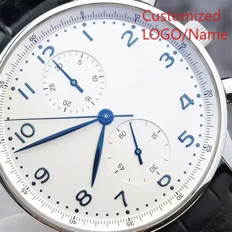 43mm relógio mecânico automático português série luxo masculino negócios preto branco relógio de pulso couro personalizado