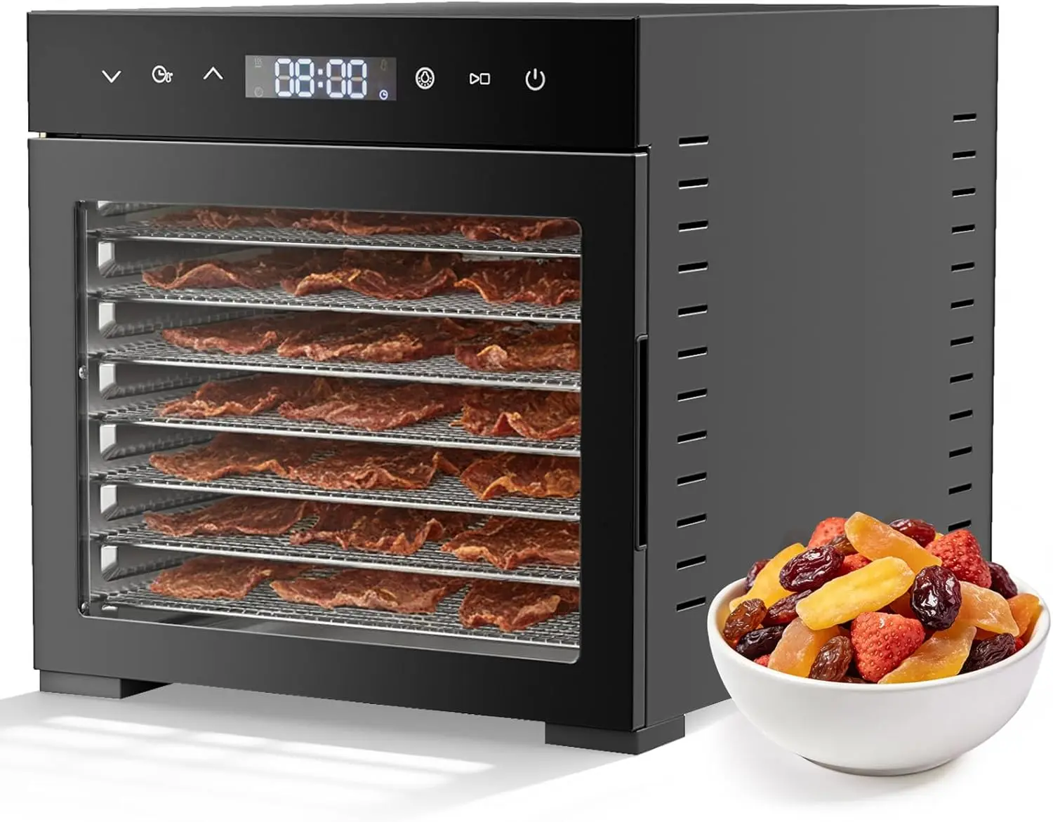 Lebensmittel-Dehydrierer, 500W Jerky-Dehydrierer mit 8 großen Edelstahlblechen, Schwarz