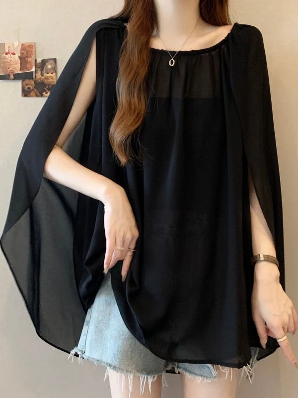 

Black Lightweight Summer 2026 Women's Loose Outerwear Shawl Cape Cover up Top Batwing Sleeve round Neck Casual Style