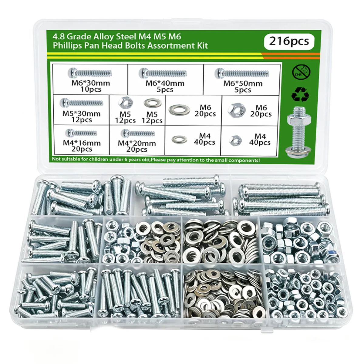 216pcs M4 M5 M6 Phillips head pan head machine screw set, 4.8 grade galvanized bolt, nut, and flat washer set, fasteners.
