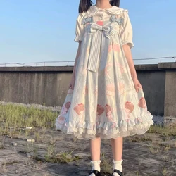 2024 Summer Lolita Japanese Sweet and Fresh Short Sleeve Solid Color Top Printed Slip Dress Bow Lace Women's Mid Length Dress