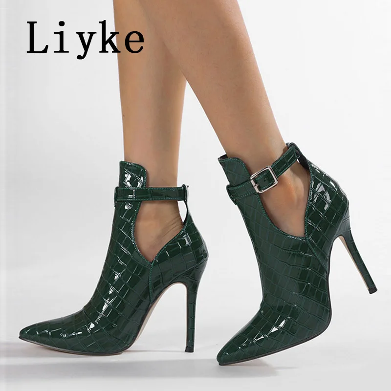 Liyke primavera otoño botines de mujer Sexy estampado de serpiente verde puntiagudos baile en barra tacones altos moda hebilla Correa zapato Chelsea