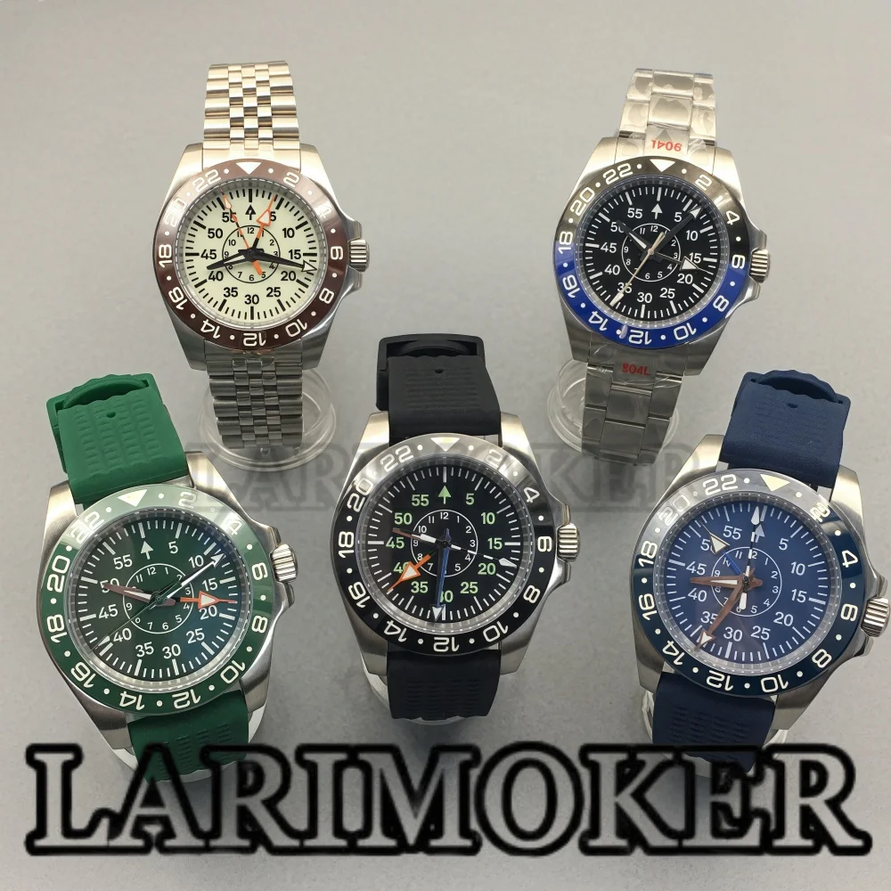 

LARIMOKER 39mm GMT NH34 Automatic Movement Pilot Watch Green Luminous Sapphire Glass Stainless Steel Rubber Mechanical Watch