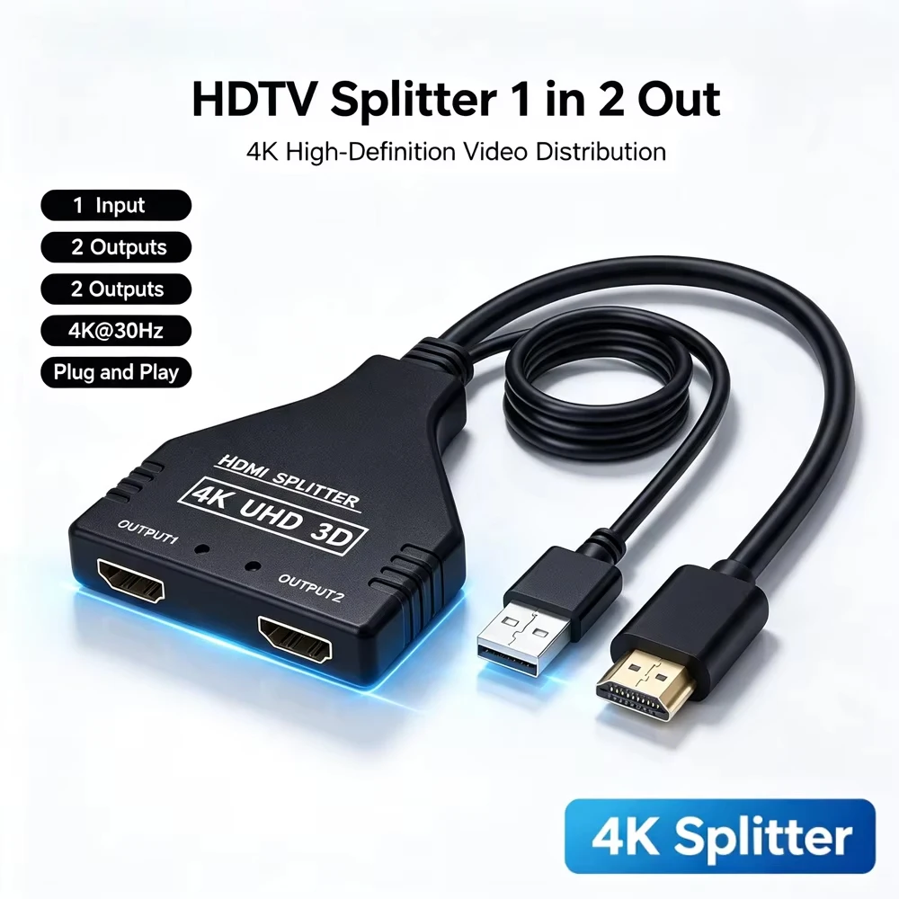 HDMI Splitter Cable 1 in 2 Out for Dual Monitors Screen Switcher 4K HD 1080P Audio Video Adapter HDTV Mirroring