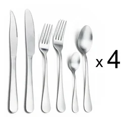 Matte Silver Cutlery Set Stainless Steel Flawtare Silverware 4/6/16/24pcs Dinnerware Steak Knife Fork Spoon Dinner Tableware Set