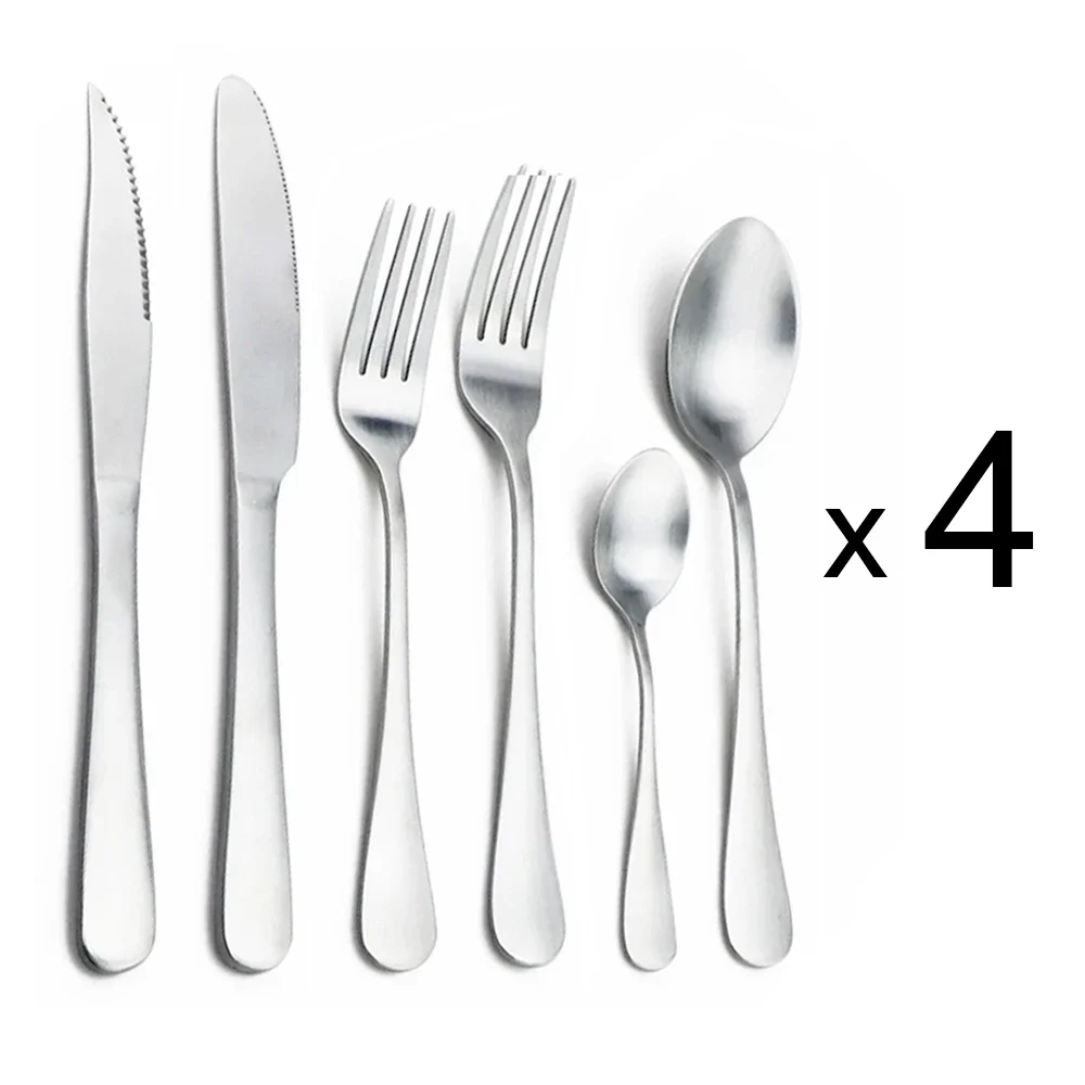 Matte Silver Cutlery Set Stainless Steel Flawtare Silverware 4/6/16/24pcs Dinnerware Steak Knife Fork Spoon Dinner Tableware Set