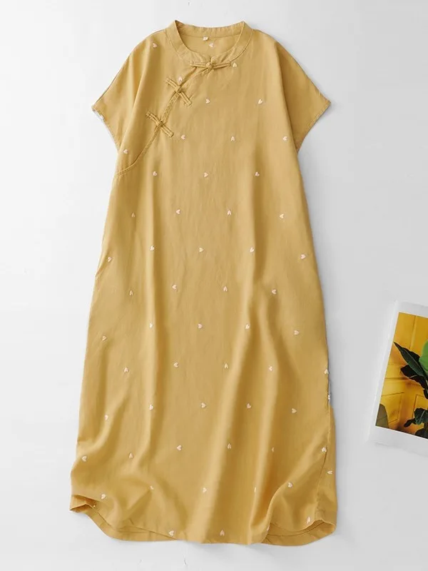 Retro Artistieke Print Linnen Katoen Dames Zomer Nieuwe Chinese Sle Nationale Wind Schuine Flap Button Dr A-lijn Midi Rok