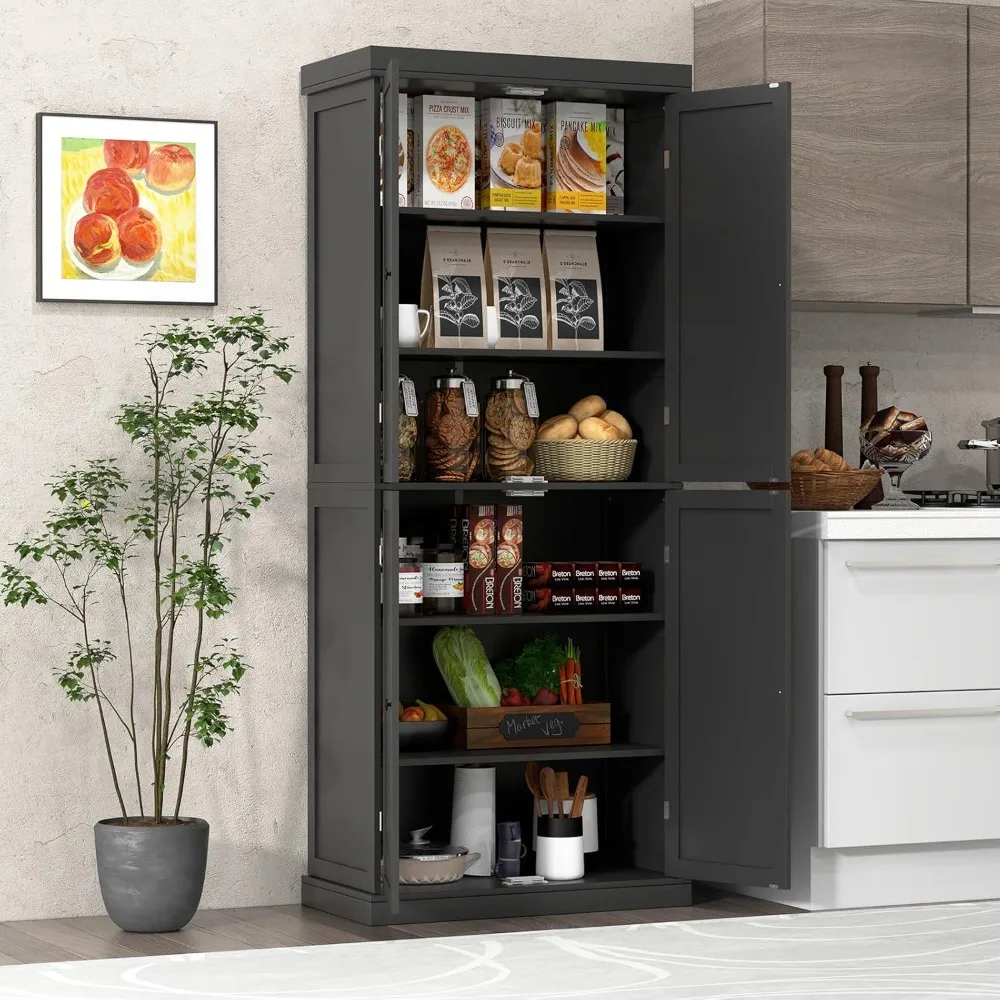 

Four-door Kitchen Cabinet, Freestanding Modern Storage Unit with 6 Shelves and 2 Adjustable Shelves