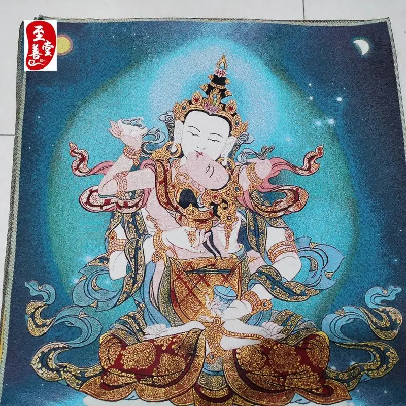 Tibet Tibetan Cloth Silk Sun and moon joyful buddha Thangka Tangka Embroidery Painting