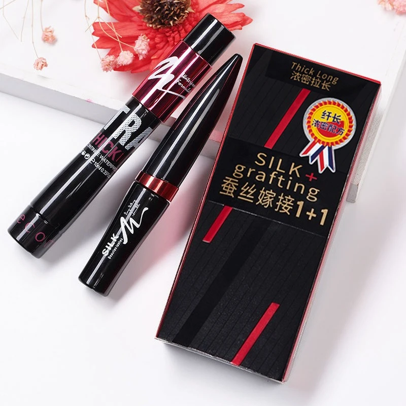 더블 튜브 블랙 컬링 속눈썹 섬유 마스카라 세트 자연스럽게 컬링 된 방수 및 얼룩 없이 오래 지속되는 여성 메이크업