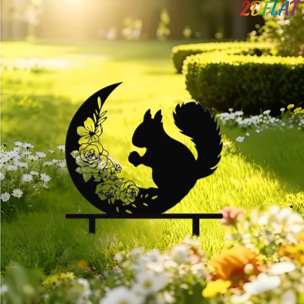 Squirrel Floral Crescent Iron Garden Stake Outdoor Lawn Yard Flower Bed Rustic Decor Ornament Fence Hanging Home Patio Sculpture