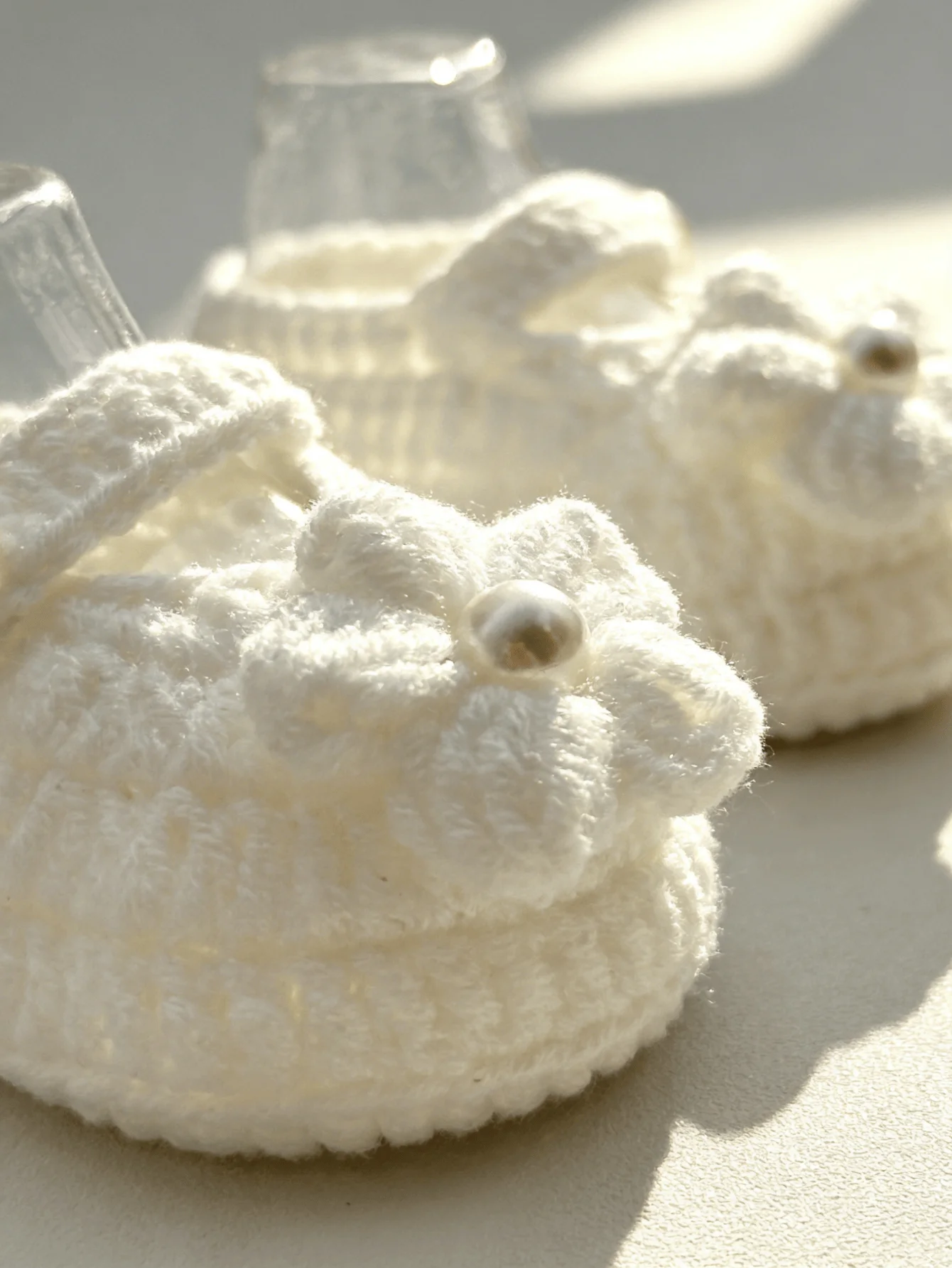 1 Pair Handmade Crochet Baby Booties, White, Flower Detail with Pearl Button, Newborn Girl Shoes