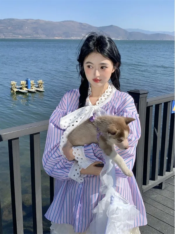 

Новая женская свободная блузка с вырезами и оборками в корейском стиле, весна 2026, из полиэстера