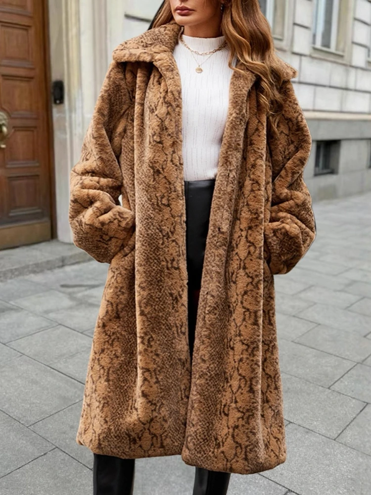 Women Winter Long Lapel Faux Fur Jackets Snake Pattern Brown Furry Jacket Fluffy Warm Thick Luxury Plush Coat Faux Mink 2025 New