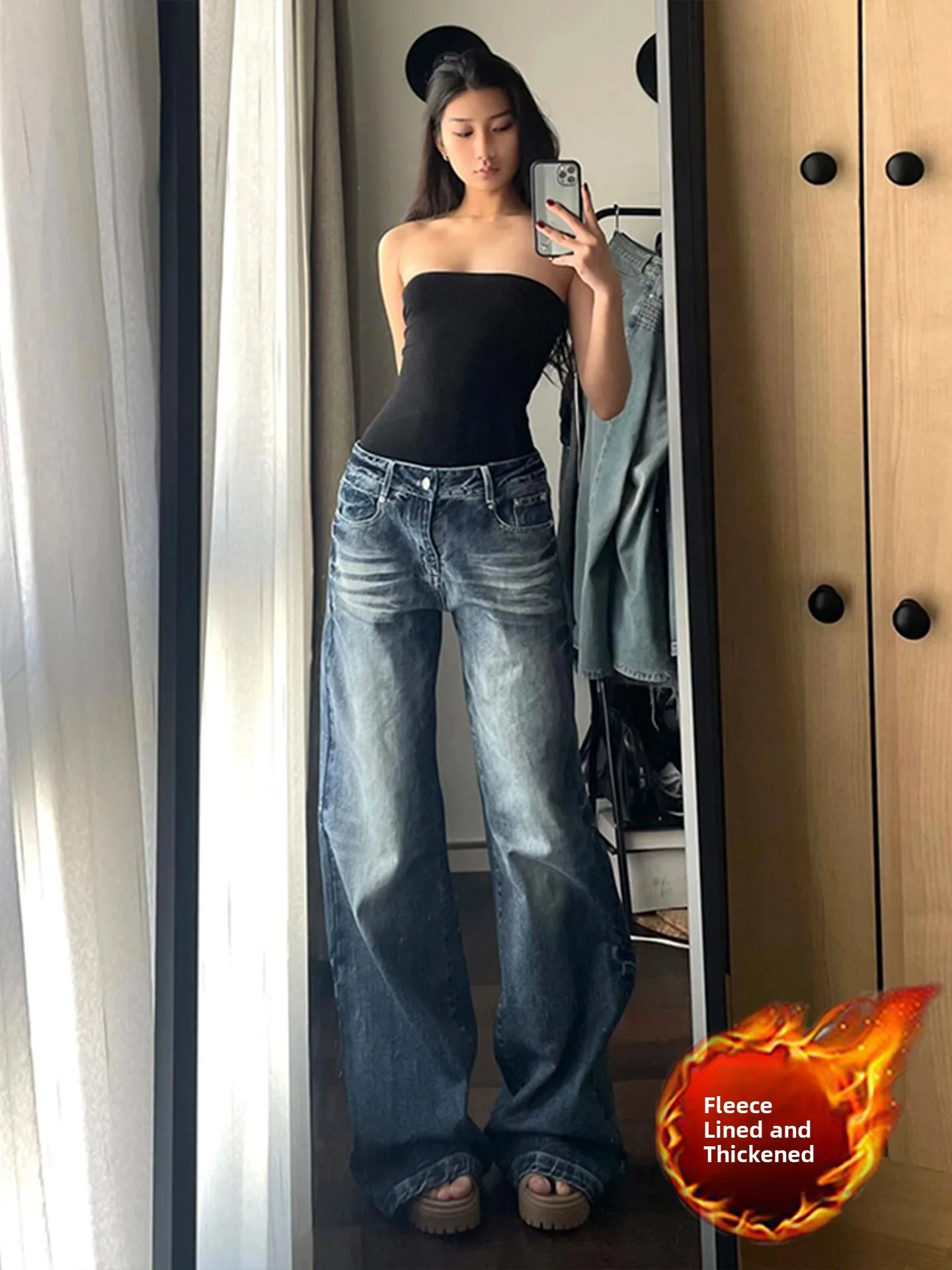 

Retro Blue Fce Lined Thi Wide Leg Denim Jeans Women Autumn Winter New Loose Large Size Straight Dra Long Pants