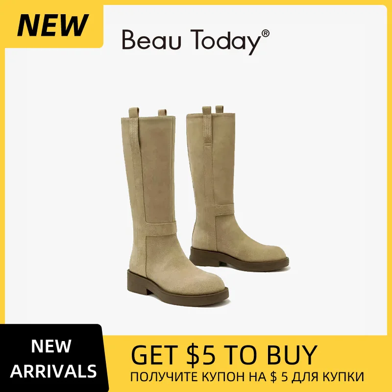 BeauToday Long Boots Women Cow Leather Western Bootie Knee High Boots Round Toe Autumn Winter Ladies Flat Heel Shoes 06144