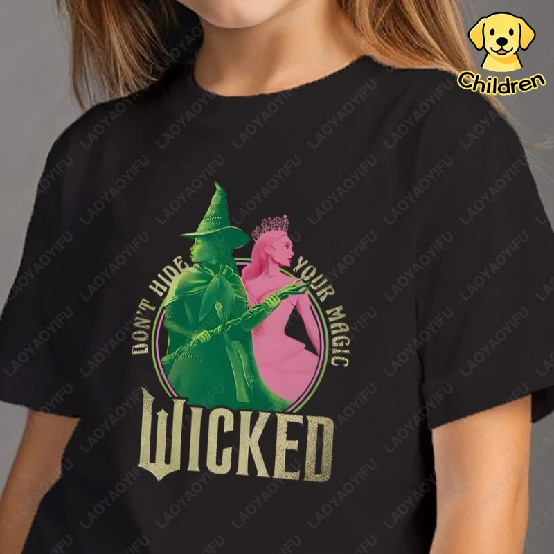 Girls' Soft Cotton Tee with Wicked Print Casual O-neck Short Sleeve Tops Trendy Anime Movie Green & White Graphic Girls Shirts