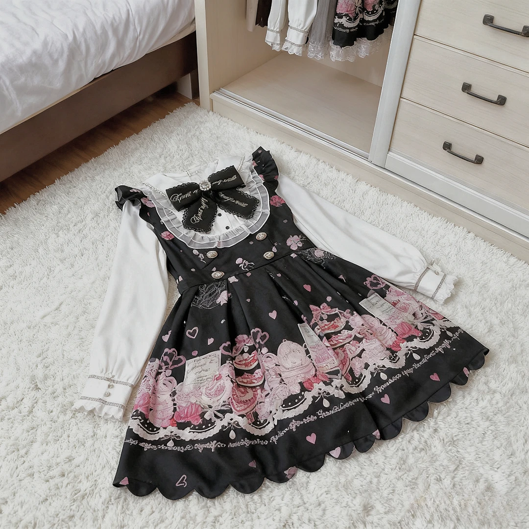 اليابانية لوليتا فستان المرأة القوس السراويل فستان مجموعة الحلو كم طويل مطبوعة خمر فساتين حفلة Kawaii تأثيري Y2k وتتسابق