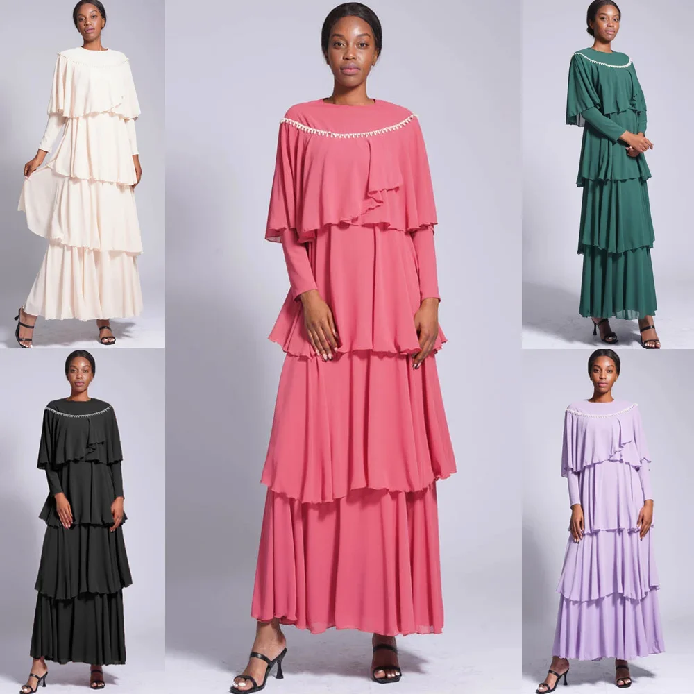 Eid djellaba pérola contas abaya babados camada capa manto maxi vestido feminino muçulmano vestido de noite islam roupas dubai turquia kaftan
