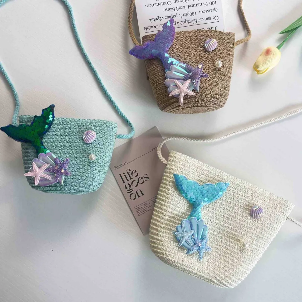 

Summer Mermaid Straw Woven Small Bag Messenger Change Bag Girl Cute Princess Small Satchel Mobile Phone Woven Bag