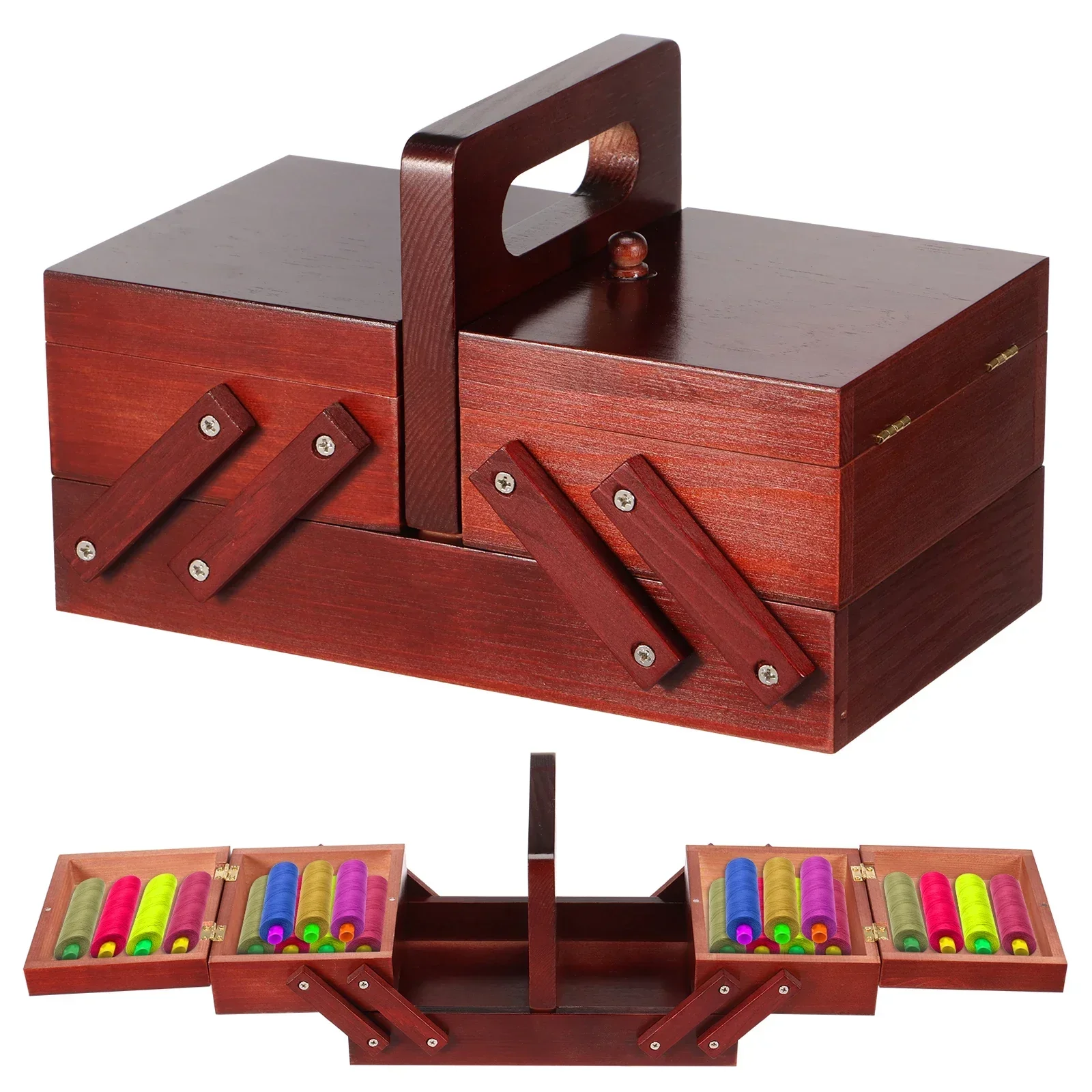 Expandable Sewing Thread Box Wood Vintage Bobbins Empty Sewing Reel Basket with Handle Needle Thread Storage Case DIY Tools
