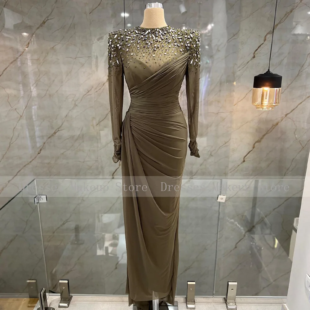 Mermaid Evening Dress Green Long Sleeves Crystal Luxury Gowns for Women 2023 O Neck Trumpet Illusion Party