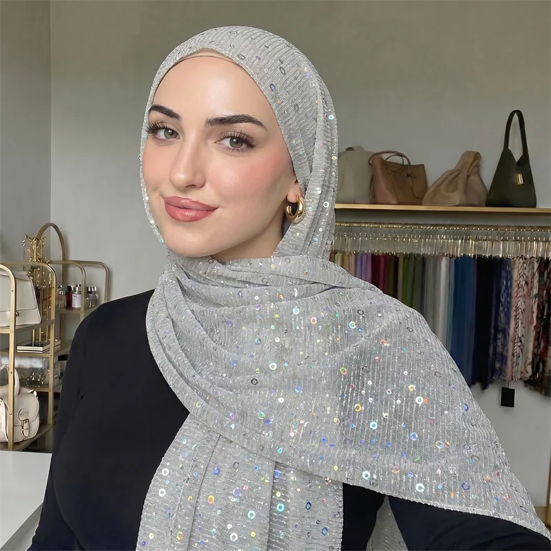 Glitter Sequin Polyester Hijab Soft Flow Muslim Head Wrap Shimmer Scarf Women Formal Wedding Celebration Outer Accessory