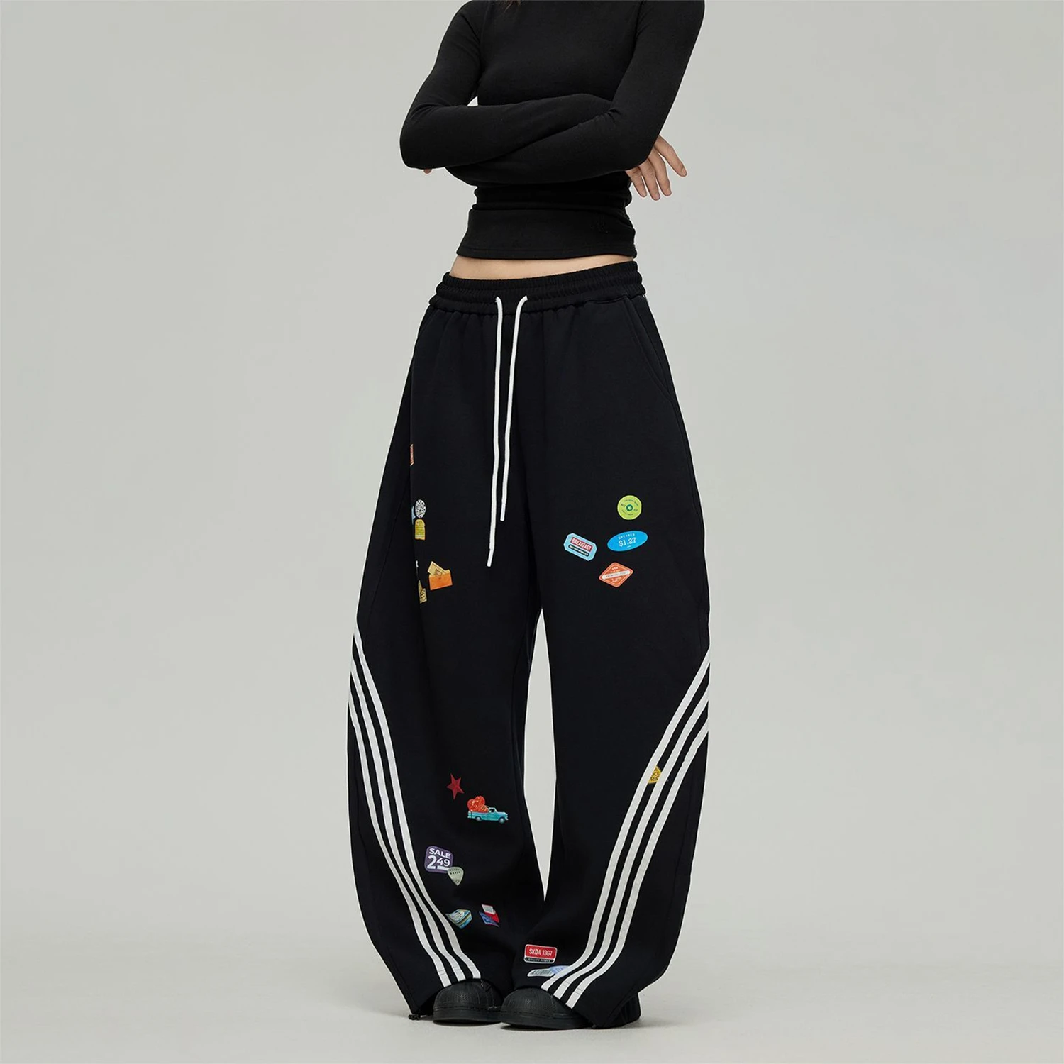 Women's High Waist Wide Leg Sweatpants Black Side Striped Cartoon Sticker Print Loose Casual Streetwear Trousers With Drawstring