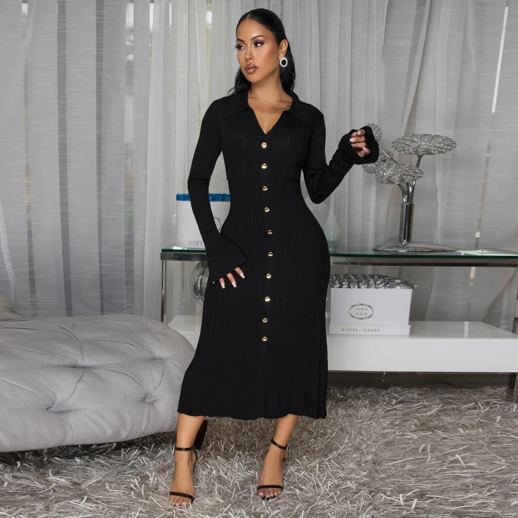 Sister Star Women's Dress Fashion V-neck Solid Color Long Dress Single Breasted Long Sleeve Temperament Commuting Dress Vestido