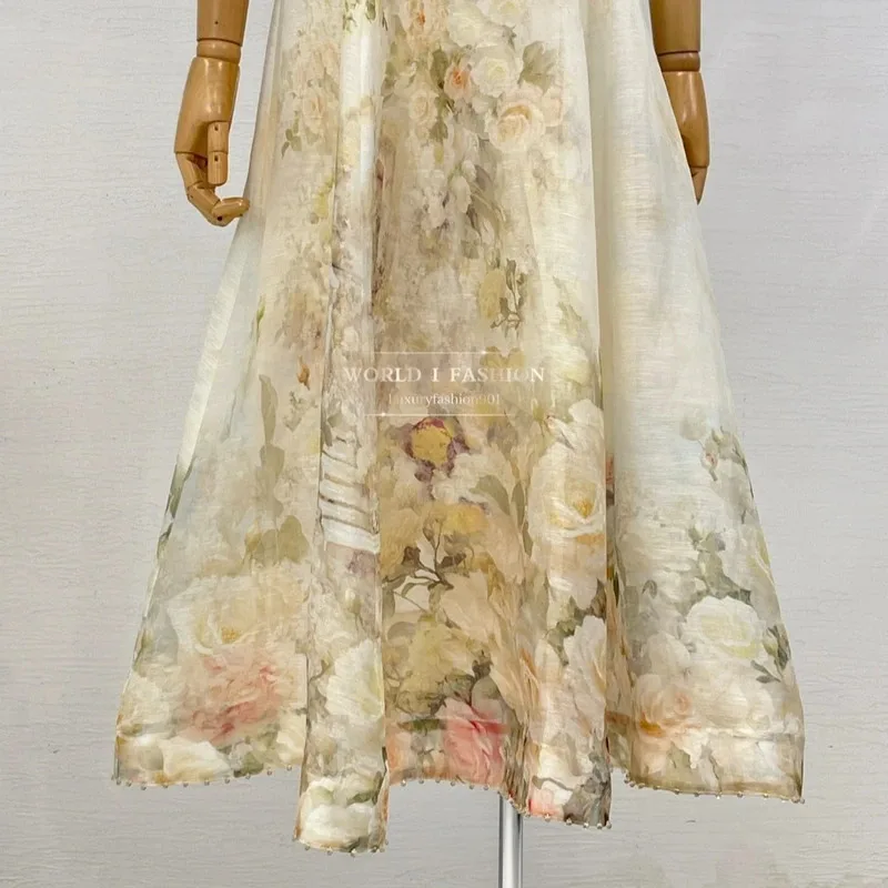 Otoño nuevo estilo Casual mujeres que usan 2025 Beige Rosa árbol estampado manga corta rebordear vestido Midi