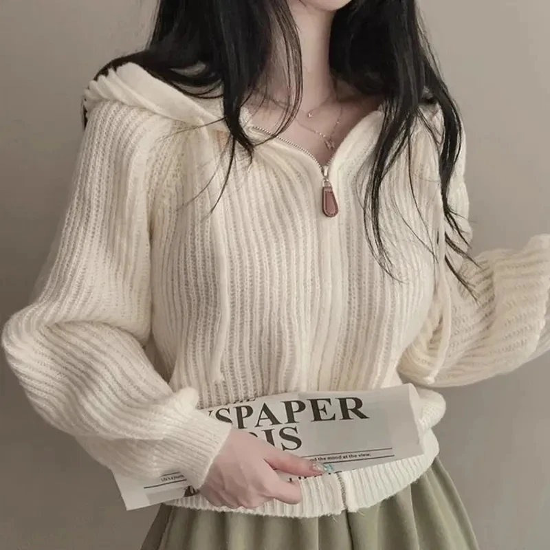 Fashion Chic Zip Up Cardigan Knit Top Female Hooded Jumper Women Long Sleeve Sweater Korean Style Casual Outerwear Woman