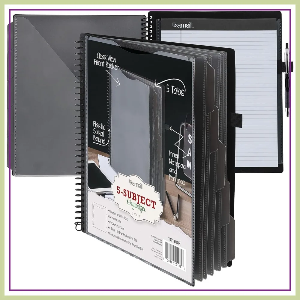 

Spiral Folder Organizer with 5 Dividers & 10 Pockets, Notepad Holder, Customizable Tabs, Document Organizer (Grey)