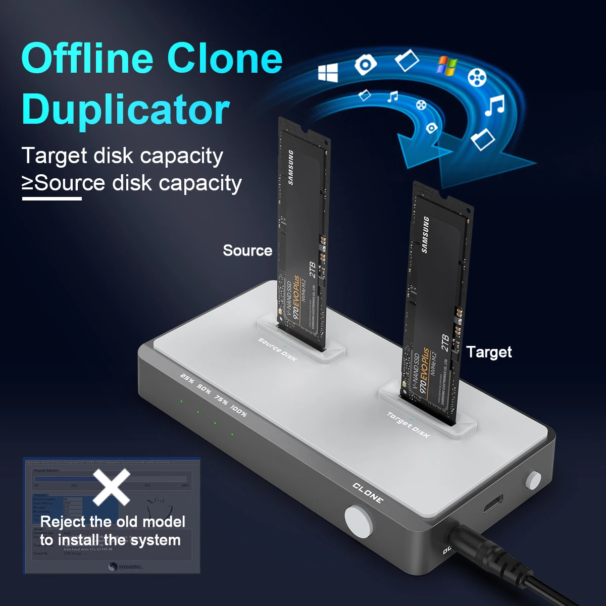 Rocketek USB 3.2 NVMe M.2 Duplicatore Dual-Bay Offline Clone da USB C a NVME Docking Station M2 SSD Chiave M Custodia per dischi rigidi
