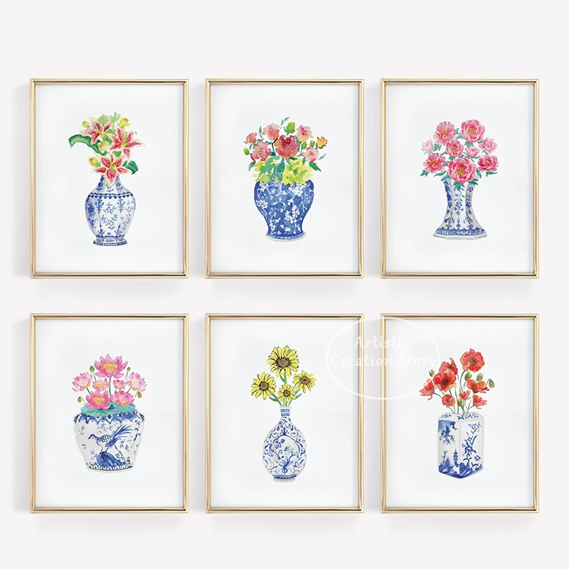 Watercolor Chinoiserie Vases with Flowers Print Canvas Painting Wall Picture Blue and White China Porcelain Artwork Home Decor