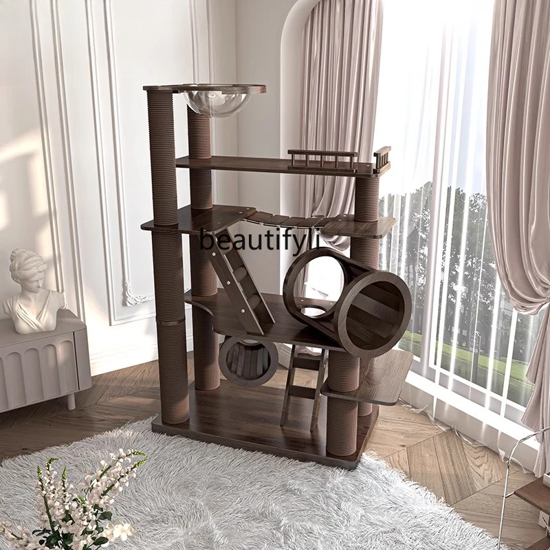 Large solid wood cat climbing frame cat nest cat tree integrated cat castle lacquered black walnut color