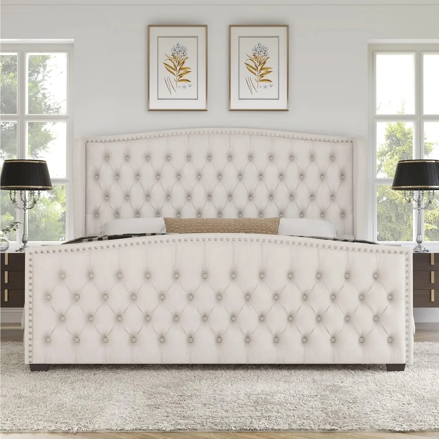 Large platform bed frame, velvet cushioned bed, wing back headboard with deep button clusters and decorations/cream color