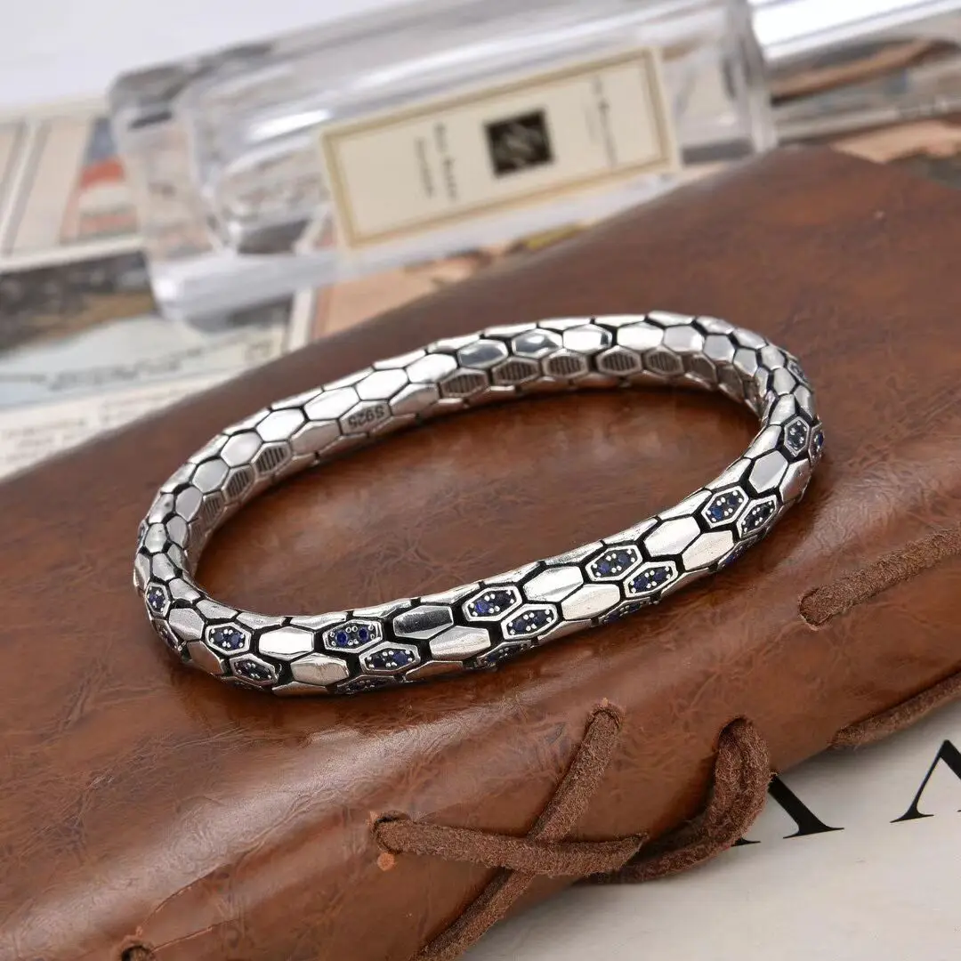 Diamond studded sterling silver trendy double headed snake bracelet, European and American punk men's and women's bracelet, snak
