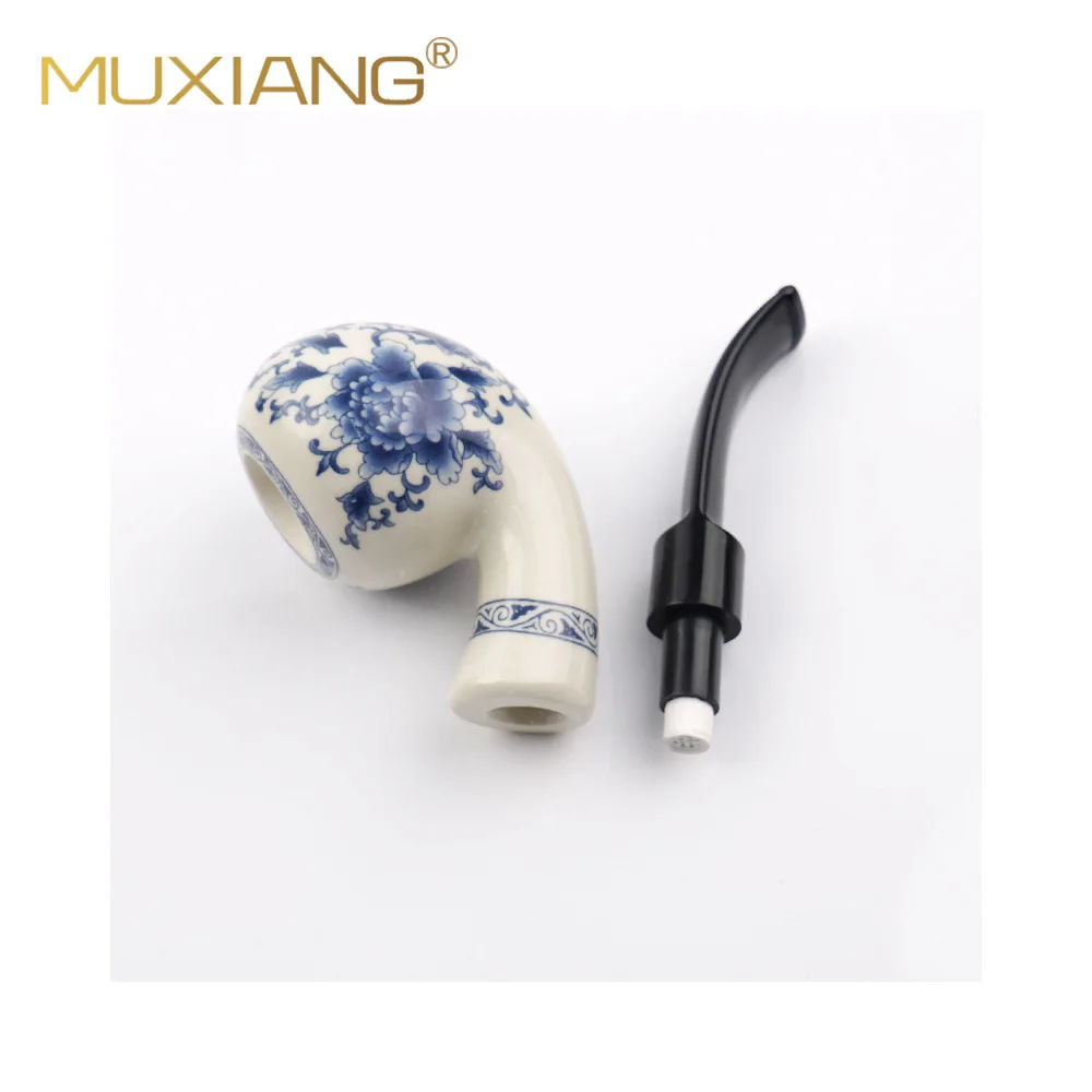 Classic Pottery Antique Ceramic Pipe Ceramic Clay China Pipe 9MM filter Bent Smoking Pipe Double-layer Blue and White pipe