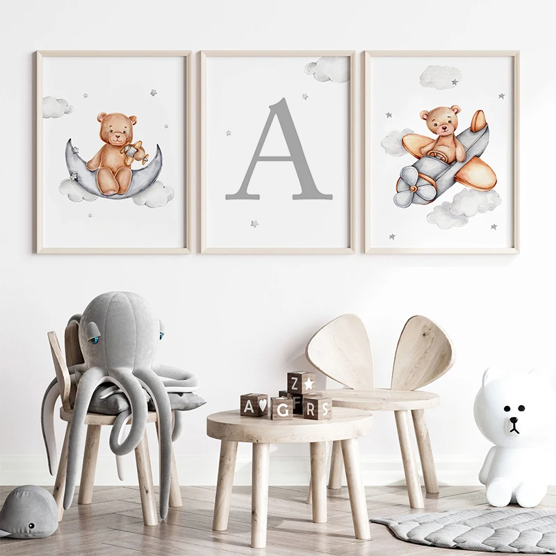 Watercolor Teddy Bear Rabbit Letters Nursery Wall Art Posters and Prints Canvas Paintings Mural Pictures for Baby and Kids Room
