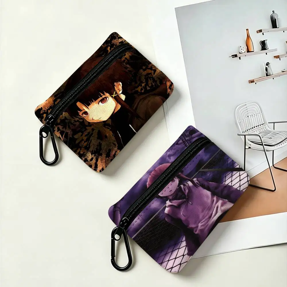 Anime Serial Experiments Lain Portable Oxford Cloth Coin Purse Alloy Carabiner Hook Small Zipper Pouch For Backpack Belt Daily