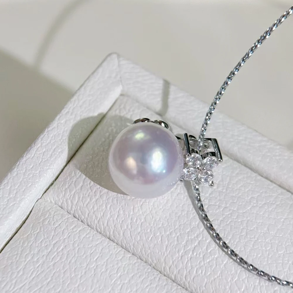 925 Sterling Silver Four Leaf Clover Pearl Pendant Jewelry with 11-12mm Big Aurora White Mirror Face Natural Edison Pearl Bead