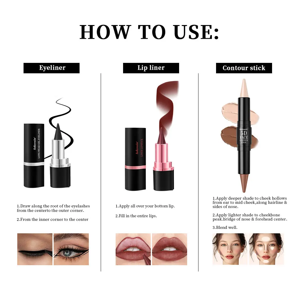lakerain 5D perfecte make-upset met eyeliner, lipliner, contourstick, langdurige waterdichte multifunctionele gezichtsmake-up