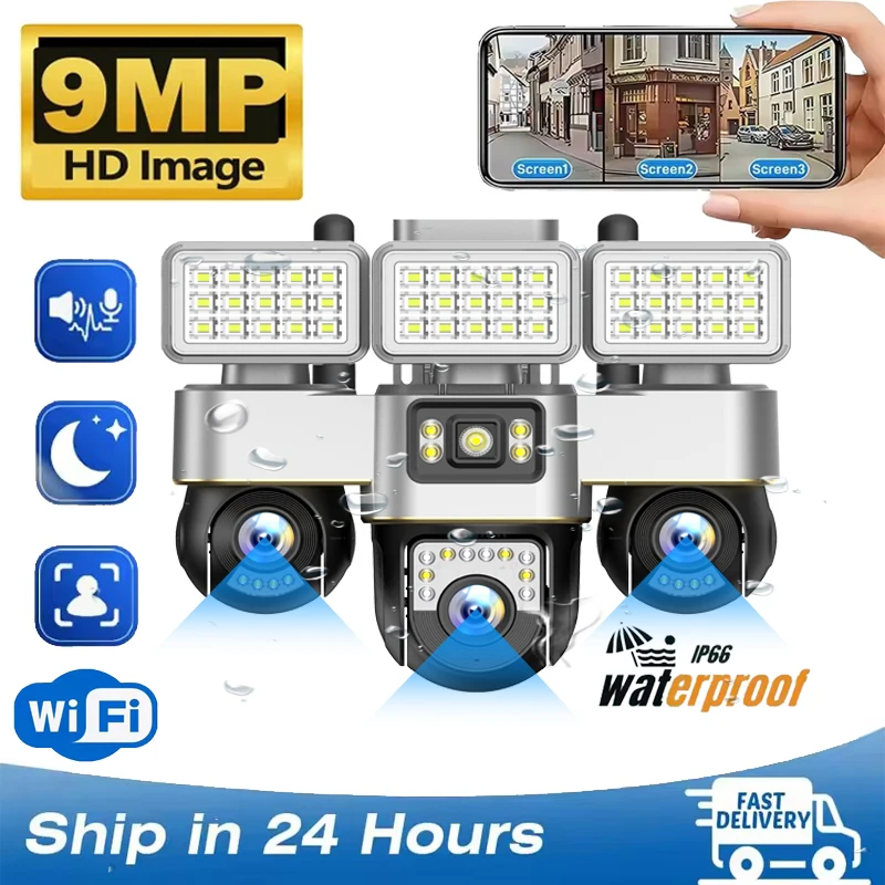 

9MP WIFI Surveillance Camera Three Lens Outdoor V380 Pro Security CCTV Color Night Vision Home Cam Motion Tracking PTZ Camera